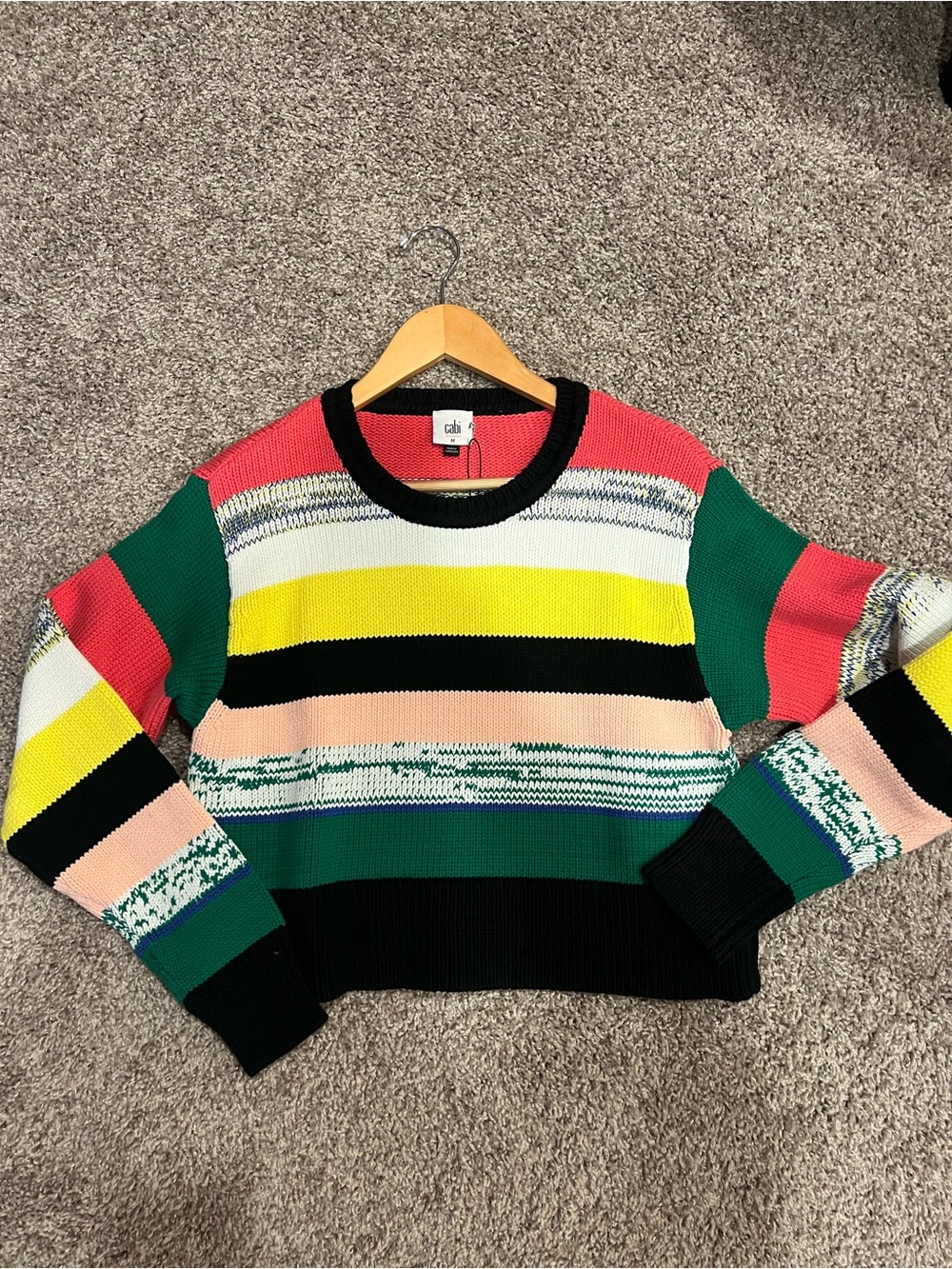 CAbi Striped Crewneck Sweater in Pink, Green, Yellow, Black